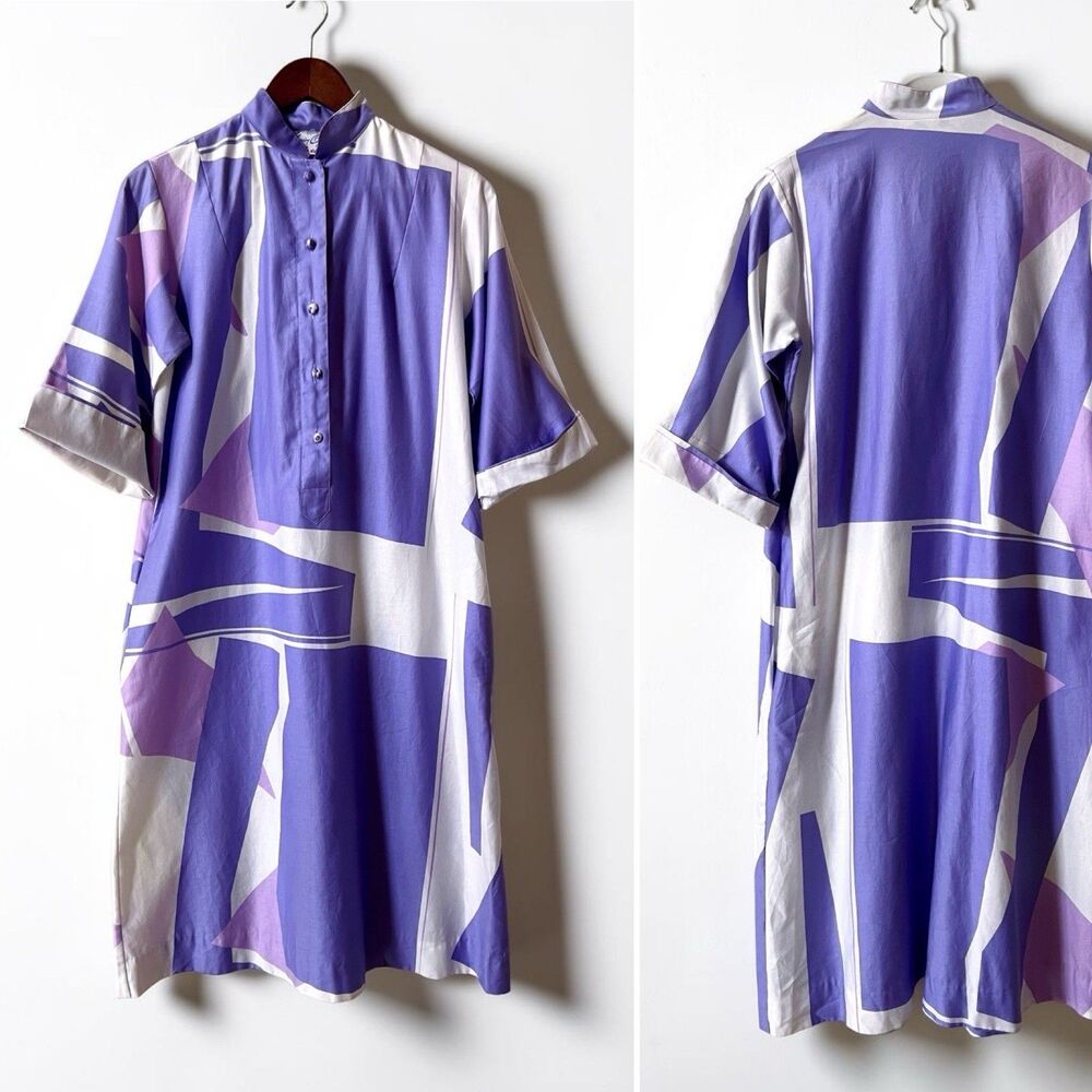 VTG Catherine Ogust Penthouse Gallery Shirt Dress Purple Geometric Caftan 1970s